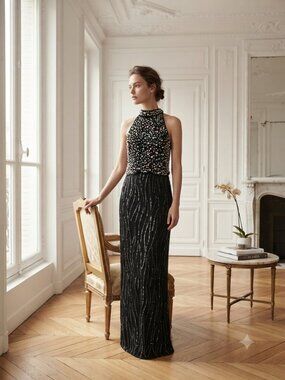 Vintage Night Vogue Black Beaded Silk Halter Evening Gown Size Medium